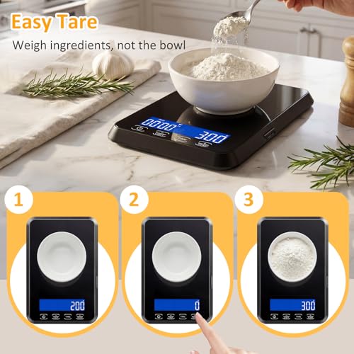 Letron Food Scale, 33 lb / 0.1 oz High Precision Kitchen Scale for Sourdough Bread, Built-in 7 Units, Timing & Tare Function, Rechargeable Digital Kitchen Scale for Food, Baking, Cooking - color: Black