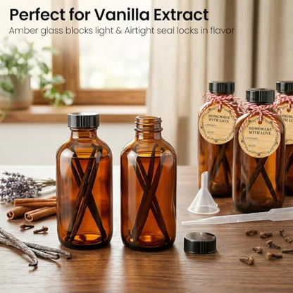 TBWIND 24 Pack 8oz Amber Glass Boston Round Bottles with Airtight Caps | Designed for Homemade Vanilla Extract, Tinctures, Juice, Syrups, Kombucha & Herbal Liquids with Droppers, Labels & Funnels - size: 8oz
