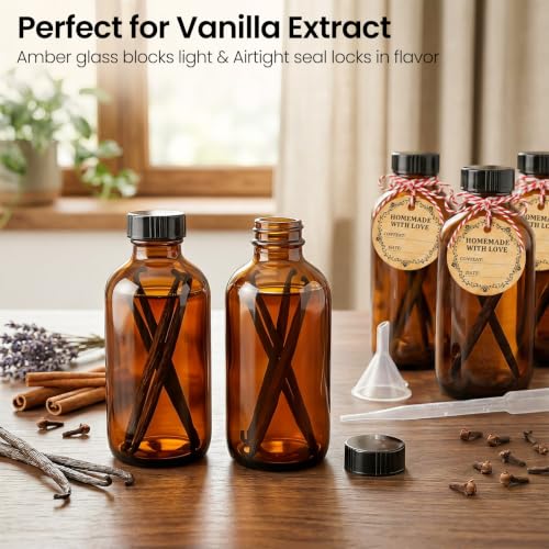 TBWIND 24 Pack 8oz Amber Glass Boston Round Bottles with Airtight Caps | Designed for Homemade Vanilla Extract, Tinctures, Juice, Syrups, Kombucha & Herbal Liquids with Droppers, Labels & Funnels - size: 8oz
