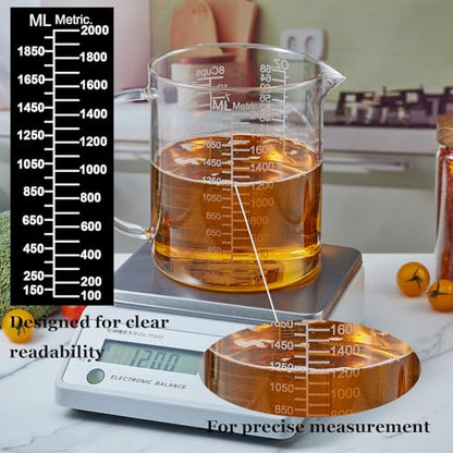 Ackers BORO3.3 Borosilicate Glass Measuring Cup with Insulated Handle, V-Shaped Spout, Clear, 2000ml/64oz Capacity, Etched Graduation, Easy to Read - size: 2000 ML (64 Oz, 8 Cup) - Etched Graduated
