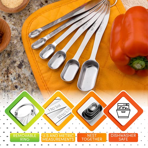 Spring Chef Stainless Steel Measuring Spoons Set of 7 with Leveler, Rectangular Metal Teaspoon & Tablespoon Measuring Spoons for Dry & Liquid Ingredients - Nesting Kitchen Gadgets For Baking & Cooking - style: Spoons - Set of 7