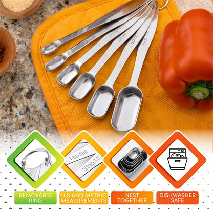 Spring Chef Stainless Steel Measuring Spoons Set of 7 with Leveler, Rectangular Metal Teaspoon & Tablespoon Measuring Spoons for Dry & Liquid Ingredients - Nesting Kitchen Gadgets For Baking & Cooking - style: Spoons - Set of 7