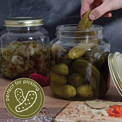 kitchentoolz Half Gallon Mason Jar Wide Mouth - 1/2 Gallon Big Mason Jars with Airtight Gold Metal Lid - 64 oz Glass Jar with Lid for Pickling, Fermenting, Canning - Made in USA, 4 Pack - color: Gold Lid