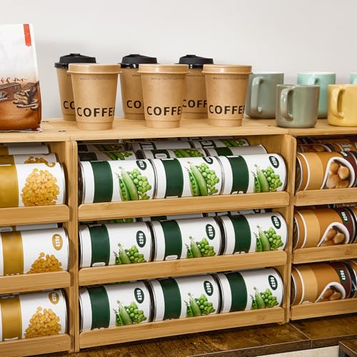 Aminigram Bamboo Rolling Can Organizer for Pantry, 4 Tier Pantry Can Organizers and Storage, Soup Can Organizer for Counter top Kitchen Cabinet