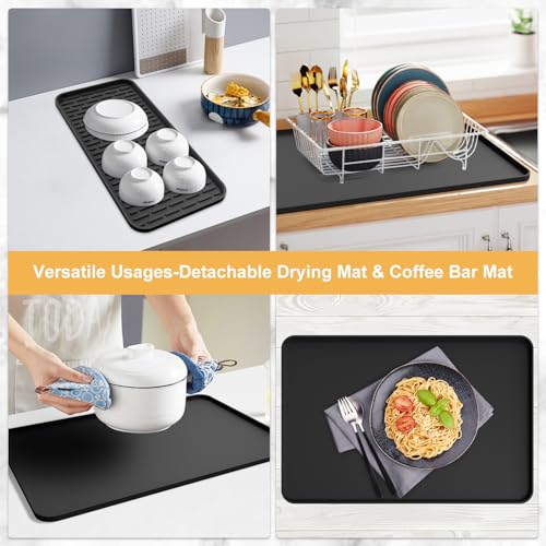 Silicone Coffee Mat, 24''x16'' Bar Mat with Detachable Dish Drying Mat - Fits Under Coffee Maker & Dish Rack - color: Black, size: 16" x 24"