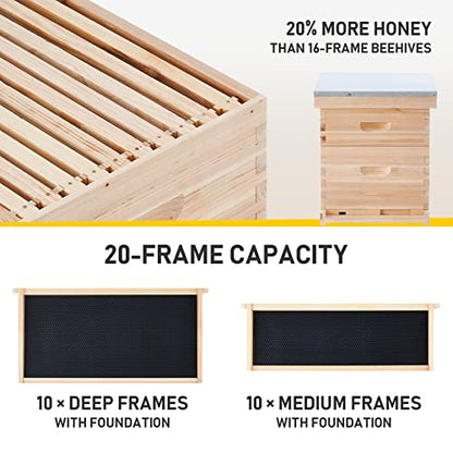 CREWORKS Bee Hive Boxes 10 Frame Langstroth Beehive, Bee Keeping Starter Kit Includes 1 Super Bee Box & 1 Bee Brood Box with Beehive Frames and Foundation, 2 Layers Complete Bee Hive Kit - style: 2 Layer