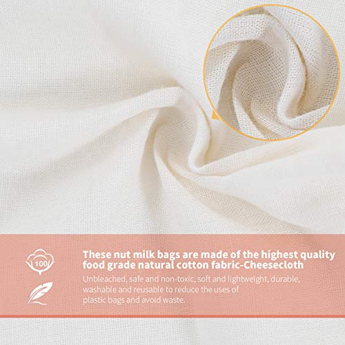 Nut Milk Bags, All Natural Cheesecloth Bags, 8"x10", 10''x12, 14''x14'', 3 Pack, 100% Unbleached Cotton Cloth Bags for Yogurt/Juice/Herbs, Washable Reusable Almond Milk Strainer(Weave 66x70)