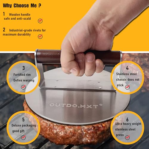 Stainless Steel 8.5" Smash Burger Press, Heavy Duty 2.5lb Burger Smasher with Wooden Handle and Velvet Fabric Storage Bag for Griddle,Grill Press for Hamburger, Bacon,Barbecue Grilling Tool - size: Stainless Steel 8.5-Inch Round