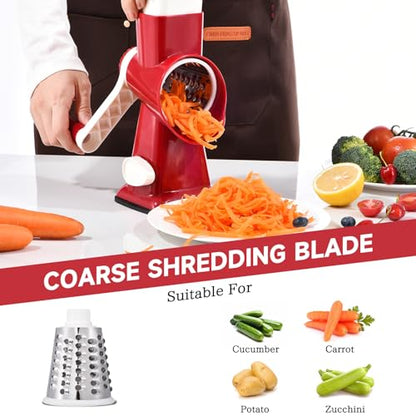 Rotary Cheese Grater with Handle Kitchen Shredder Slicer Grater Slicer Ice Shaver Cheese Vegetable Nuts Potato Zucchini Chocolate 3 Interchangeable Blades (RedWhite) - color: RedWhite