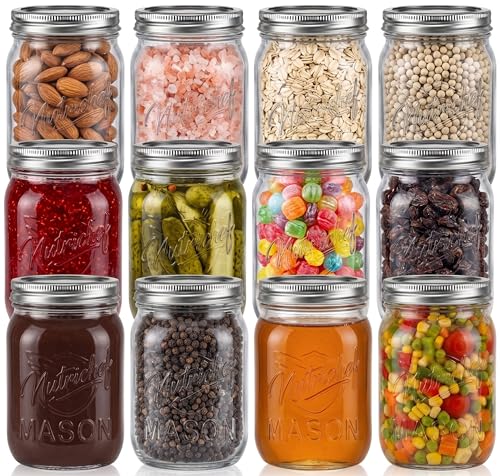 NutriChef 12-Pack 16 oz Mason Jars with Lids - Thick Glass Canning Jars with Stainless Steel Lids - Ideal for DIY Spices, Meal Prep, Overnight Oats, Jelly, Jam, Honey, Candles, Crafts, & More - style: 12 Pack