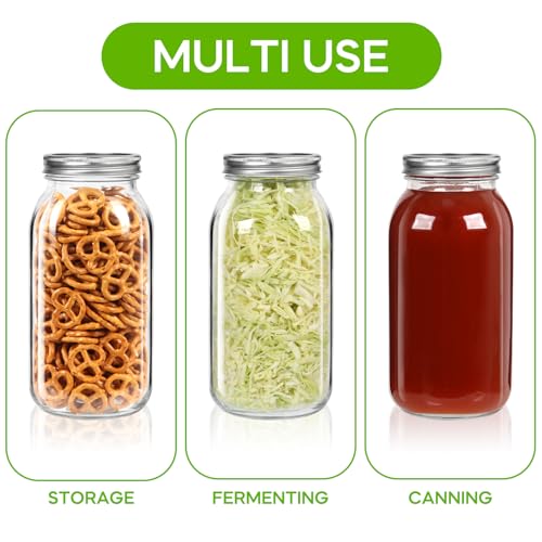 64oz Glass Wide Mouth Mason Jars, 3 Pack | Large Half Gallon Mason Jars with Airtight Lids & Bands for Pantry, Canning, Fermenting & Pickling or Storing
