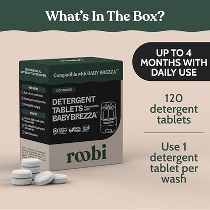 Roobi Detergent Tablets Compatible with Baby Brezza Bottle Washer Pro. Removes Milk Residue & Odor, Hypoallergenic Carbon Neutral Formula. 120 Count. - style: 120 Detergent Tablets