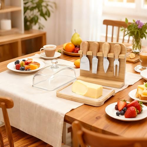 Butter Dish with Lid and 4 Cheese Knives Set, Bamboo and Glass | Glass butter dish with bamboo lid, 4 cheese knives included, 50 greaseproof paper sheets, Dishwasher safe, Easy to clean