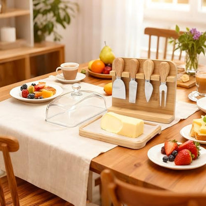 Butter Dish with Lid and 4 Cheese Knives Set, Bamboo and Glass | Glass butter dish with bamboo lid, 4 cheese knives included, 50 greaseproof paper sheets, Dishwasher safe, Easy to clean