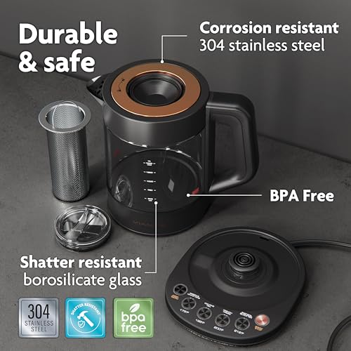 Viante Alba Electric Tea Kettle With Infuser, No Plastic, 1.5L, Black | Borosilicate glass & 304 stainless steel construction. 4 temp presets, keep-warm, cordless, auto shut-off - style: Black
