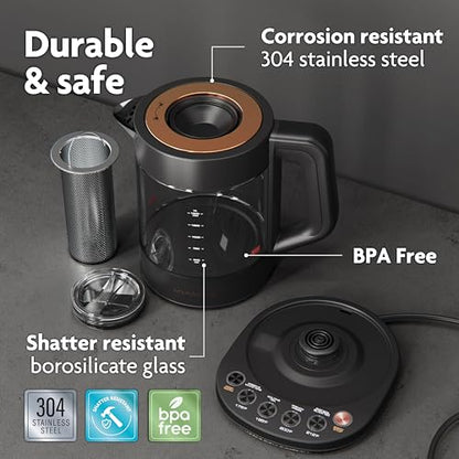 Viante Alba Electric Tea Kettle With Infuser, No Plastic, 1.5L, Black | Borosilicate glass & 304 stainless steel construction. 4 temp presets, keep-warm, cordless, auto shut-off - style: Black