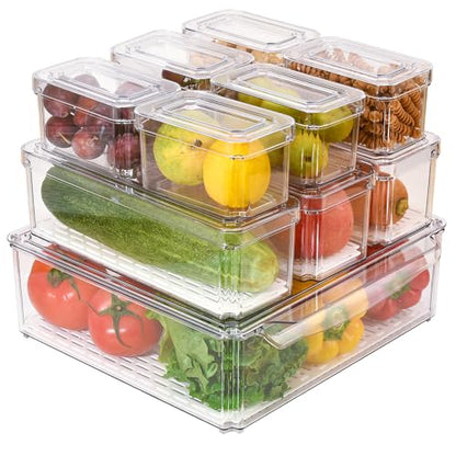 Stackable Refrigerator Organizer Bins with Lids, Fridge Organization and Storage Containers, BPA-Free Plastic Pantry Bins for Fruits, Vegetable, Drinks With Drain Tray, Set Of 10