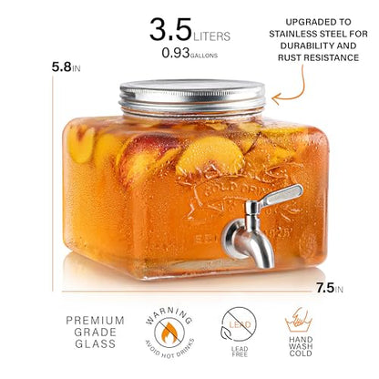 Glass Drink Dispenser for Fridge - Stainless Steel Spigot Mason Jar Dispenser with Wide Opening & Easy-Fill - Beverage Storage for Outdoor, Water, Iced Tea, Juice, Sangria & Detergent, 1 GALLON