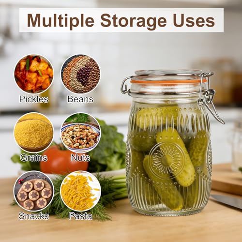 32oz Mason Jars with Airtight Lids, 6 Pack Wide Mouth Canning Jars with Clamp Lid, Quart Glass Canisters for Kitchen Storage, Pickling, Coffee, Cereal, Sugar, Flour, Beans