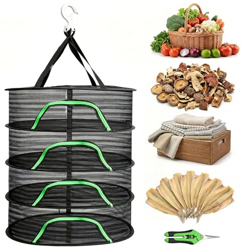 Coloch 4 Layer Herb Drying Rack with Zipper, Hanging Mesh Net with Garden Shear, Collapsible Food Drying Net for Seeds, Buds, Fruits, Vegetables, Herbs, Fish, Clothes(Black)