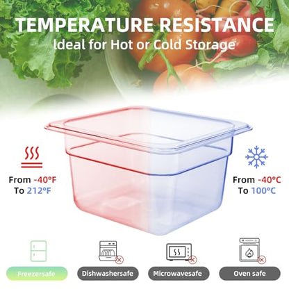 6 Pack 1/6 Size Food Pan with Lids,Stackable Freezer-Safe Meal Prep Containers for homes schools restaurants hotels -40°F to 212°F (1/6 size 4 inch deep, 1.53L/1.62QT) - size: 1/6 size 4 inch deep