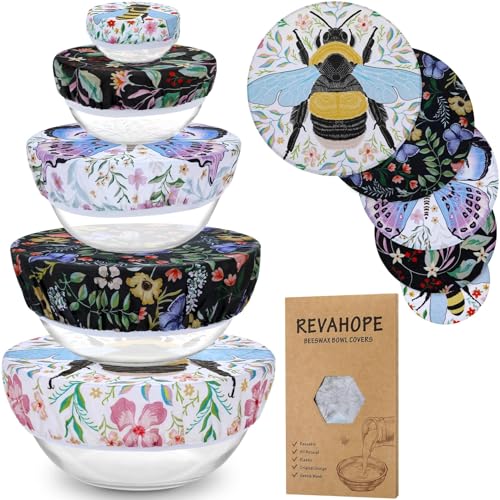 5-Size Reusable Beeswax Bowl Covers for Bread Proofing, Cotton Cloth Flexible Beeswax Wraps for Food Storage(Honeybee) - color: Honeybee