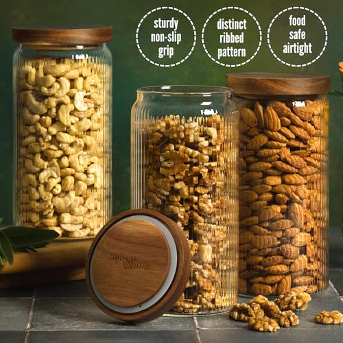 Ribbed Glass Jar with Wooden Lid 16.9oz / 27oz | Airtight Fluted Storage Container for Food, Pasta, Coffee, Candy, Dog Treats, Snacks | Canisters for Home & Kitchen (44 fl.oz / 1300ml -3X) - color: 44 fl.oz / 1300ml -3X