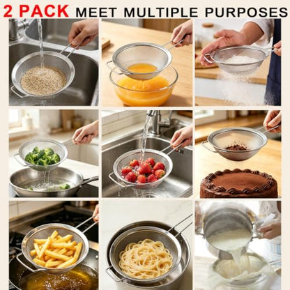 8.7" Large Fine Mesh Strainer Set with Sturdy Handle, Stainless Steel Sieve Flour Sifter, Kitchen Metal Colander for Rice, Quinoa, Pasta, Fruit, 2 Pack | Food Grade Stainless Steel, No Nust, Fine Mesh Strainer For Rice, Quinoa, Sifting Flour - size: 8.7"