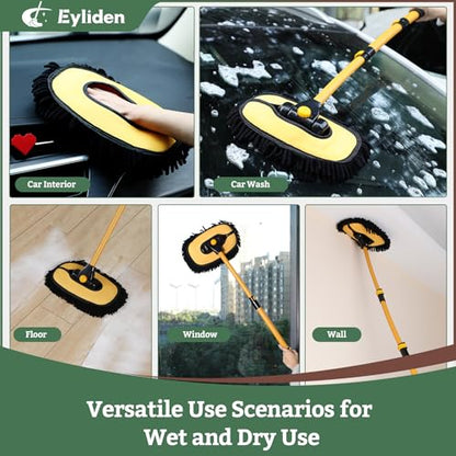 Eyliden Car Wash Brush Mop with Long Handle for Car Truck RV, Yellow | 90° Swivel Head with 45° Angle Lock, 2 Scratch-Free Microfiber Heads, Car Detailing Kit, 41.9" Adjustable Handle - color: Yellow & Black