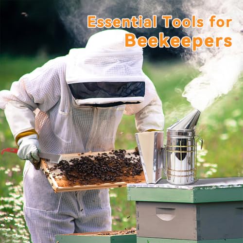 POLLIBEE Bee Smoker Stainless Steel Smoker Kit with Heat Shield Bee Hive Tool J Hook Beekeeping Supplies and Beekeeper Tool Set