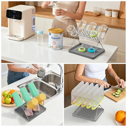 Bottle Drying Rack, Stainless Steel Foldable Water Bottle Drying Rack Organizer with Drain Tray for Baby Bottles, Cups, Mugs and Glass, Baby Bottles Dryer Countertop, Stainless Steel