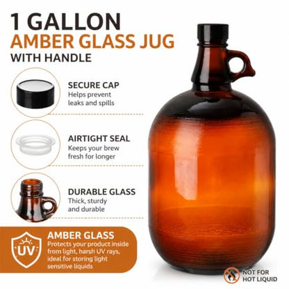 Dicunoy 1 Gallon Glass Jugs, Amber Fermenting Bottle with Seal Lid, 128oz Watter Bottle with Handle for Kombucha, Beer, Juice, Milk, Limoncello, Home Decoration, Change Jar, Farmhouse Flower Vase