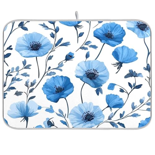 Blue Poppy Flowers and Branches Dish Drying Mat for Kitchen Counter Drainer Rack Mats for Dishes Washable Absorbent Draining Heat Resistant Pad for Countertop 18x24 - color: Blue Poppy Flowers and Branches, size: 18'' x 24''