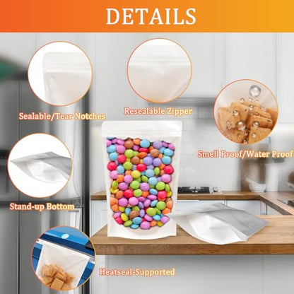 100 PCS Resealable Packaging Bags for Small Business，Kraft Bags With Window Clear Fornt Heat Seal Sealable 4.7"X7.9"Paper Zipper Stand Up Pouches Nut Bag Coffee Cookie Herb Food Bakery Storage - size: 4.7X7.9 INCH