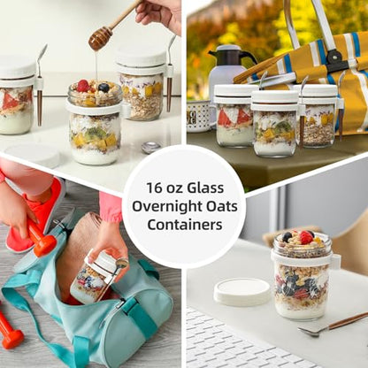 6 Pack Overnight Oats Containers with Lids and Spoons, 16 oz Glass Mason Overnight Oats Jars, Large Capacity Airtight Jars for Milk, Cereal, Fruit(White) - color: White