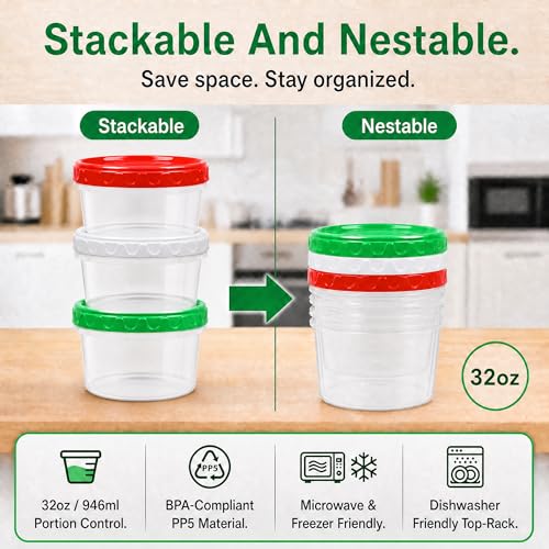 EONJOE 32oz Plastic Freezer Food Leftovers Containers with Lids, 12pcs | Reusable ,Airtight & BPA-free for fresh food. Dishwasher/freezer safe, perfect for daily meal prep, portion control - size: 32oz