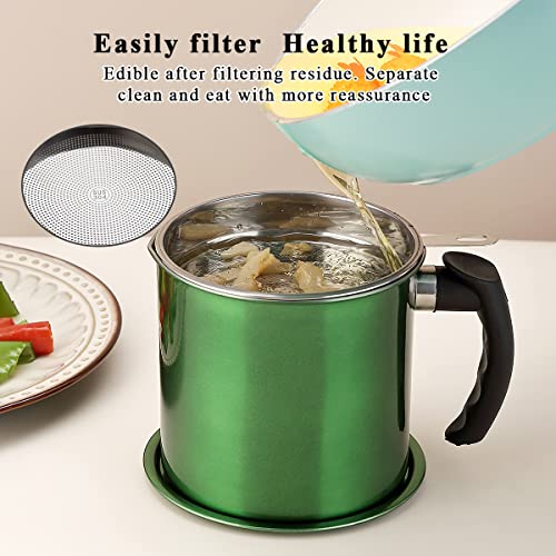 Kyraton Bacon Grease Container With Strainer, 48 oz Metal Shining Green Coating Oil Container, Pot Fat Storage With Lid, Easy Grip Handle Suitable For Storing Frying Oil And Cooking Grease - color: 3. Metal Green