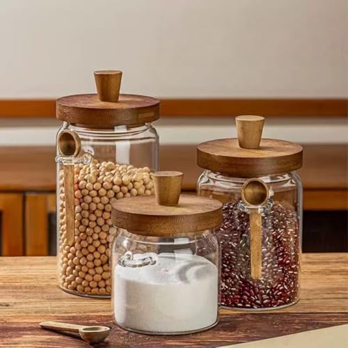 ANSQU Glass Jars with Wooden Lids and Spoons (13.5oz/20.3oz/27oz), Set of 3 Glass Food Storage Containers Coffee Jar Coffee Grounds Container, Glass Food Storage Canisters - size: 13.5oz/20.3oz/27oz-3pack (φ3.54")