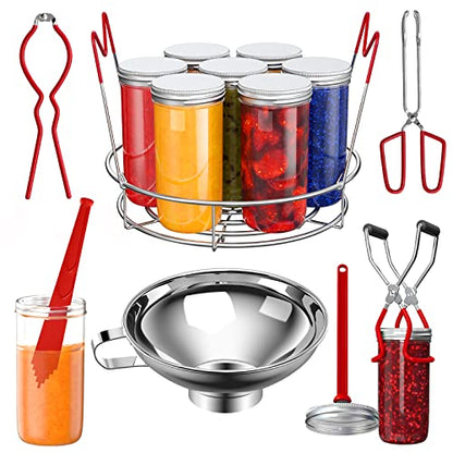Pisol Canning Supplies Starter Kit, 7 Piece Canning Tools Set with Stainless Steel Rack, Wide Mouth Funnel, Kitchen Tongs, Jar Lifter, Magnetic Lid Lifter, jar Wrench, Bubble Popper - color: Red