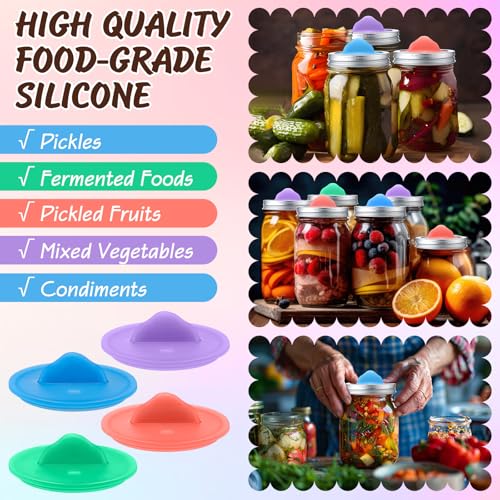 4 Pack Mason Jar Silicone Fermentation Lids for 3" Wide Mouth Jars Waterless Airlock Fermentation Mason Jar Lid Fermenter Caps for Pickles, Kimchi, Fermented Probiotic Food (Pink,Blue,Purple,Green) - color: Pink, Blue, Purple, Green