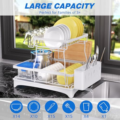 Godboat 2-Tier Dish Drying Rack - Dish Rack with Auto Drain-to-Sink & Mat | Dish Racks for Kitchen Counter, Dish Drainer with Knife Fork & Cup Rack, Gifts for Women, Mothers Day, Kitchen Gadgets, White - size: X-Large (2-Tier/White)