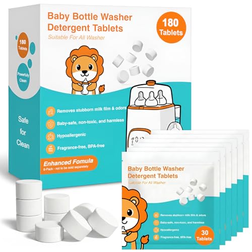 180PCS Bottle Washer Tablets, Plant-Based Detergent Tablets Compatible with Baby Brezza, Momcozy, Grownsy, Papablic and All Baby Bottle Washers, Removes Milk Residue & Odor from Bottles & Pump Parts