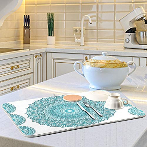 Super Absorbent Dish Drying Mat, Microfiber Fast-Drying Dish Mat, 24" x 18", Kitchen Dish Drying Pad, Boho Ethnic Turquoise Mandala - color: Turquoise Mandala, size: 18" x 24"