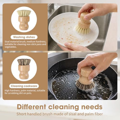 6 Pack Bamboo Dish Brush & Sponge Set, Wooden Handle Kitchen Scrub Brushes with Natural Sisal & Palm Fiber Heads, Multi-Purpose Dishwashing Cleaner for Dishes, Pots, Bottles, Vegetables