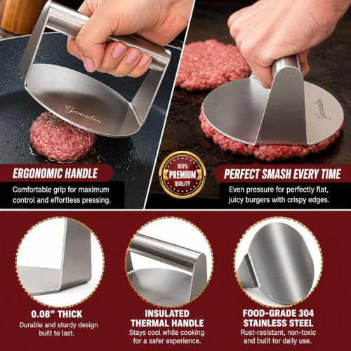 Gamalou® 7 Pcs Smash Burger Press Kit: Stainless Steel Burger Smasher, 6x5" Spatula, 4" Scraper, 2 Melting Domes, Seasoning Shaker, Egg Ring, Griddle Accessories for Blackstone, Grill, Frying Pan