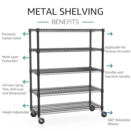 IZEUK Garage Shelving Wide Storage Shelves 5 Tier Metal Shelves 4000 LBS Heavy Duty Adjustable Utility Shelf Rack Black 23.6" D x 53.1" W x 73.6" H - color: Black, size: 5 Tier, 23.6" D x 53.1" W x 73.6" H