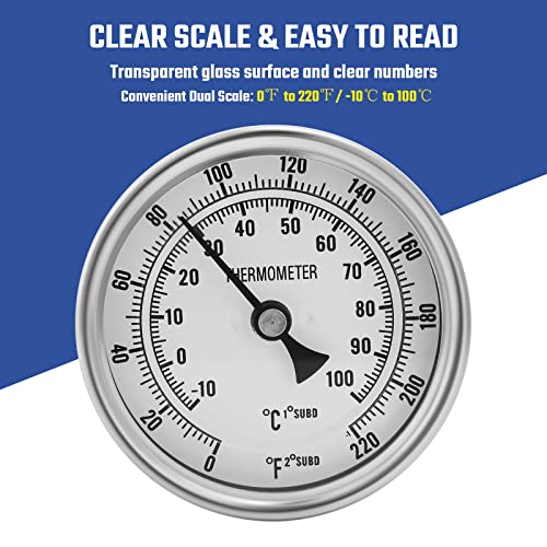 NPT 1/2 Brewing Dial Thermometer - Stainless Steel Kettle Thermometer with 3" Large Dial (0-220F / -10-100C)