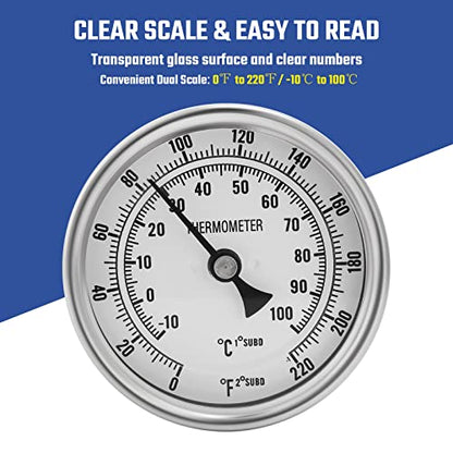 NPT 1/2 Brewing Dial Thermometer - Stainless Steel Kettle Thermometer with 3" Large Dial (0-220F / -10-100C)