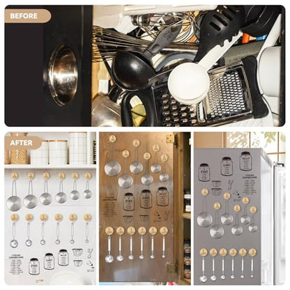 Measuring Cup and Spoon Organizer, 12 Pack Adhesive Wood Hooks for Hanging with 6 Kitchen Conversion Chart Stickers, Kitchen Hooks for Space Saving Storage - style: 12 Pcs Wood Hooks with Stickers