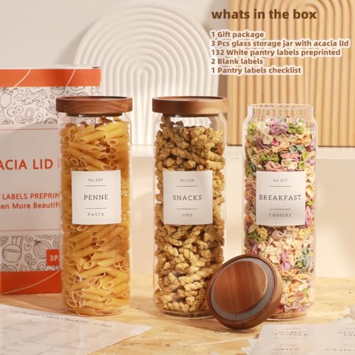 3 Pack Glass Canisters with Airtight Acacia Lids and 132 Kitchen Pantey Labels Preprint - 45 Fl Oz Borosilicate Glass Pantry Storage Jars Containers with Wooden Lids for Tea,Sugar,Cookie,Coffee,Nuts - size: 45oz-3 Pack
